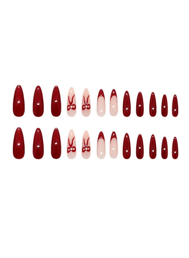 OSTTMA 24Pcs Almond Press on Nails Medium Red Fake Nails with 3D Rhinestones Bow Designs French Tip Acrylic Nails Glossy Elegant Red Stick on False Nails for Women DIY Manicure Decorations - Image 5